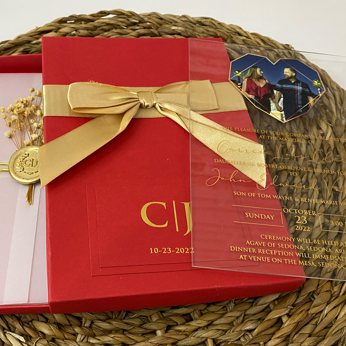 Wedding invitation with photo. Red Invitation Box. Ribbon and gold foil printed + UV printed invitation
